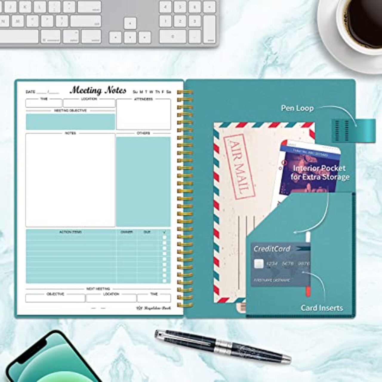 Meeting Notebook with Action Items Project Planner for Note Taking Office and Business Agenda Organizer for Men and Women 160 Pages 7 x 10 Inches Teal
